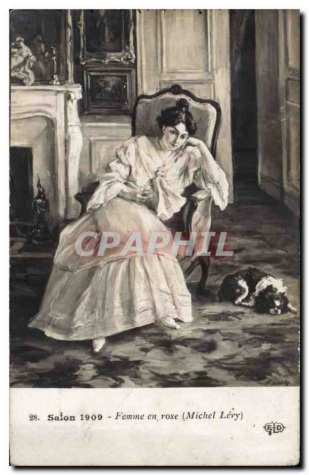 CPA Paris Salon 1909 Femme en rose (Michel Levy) Chien dog