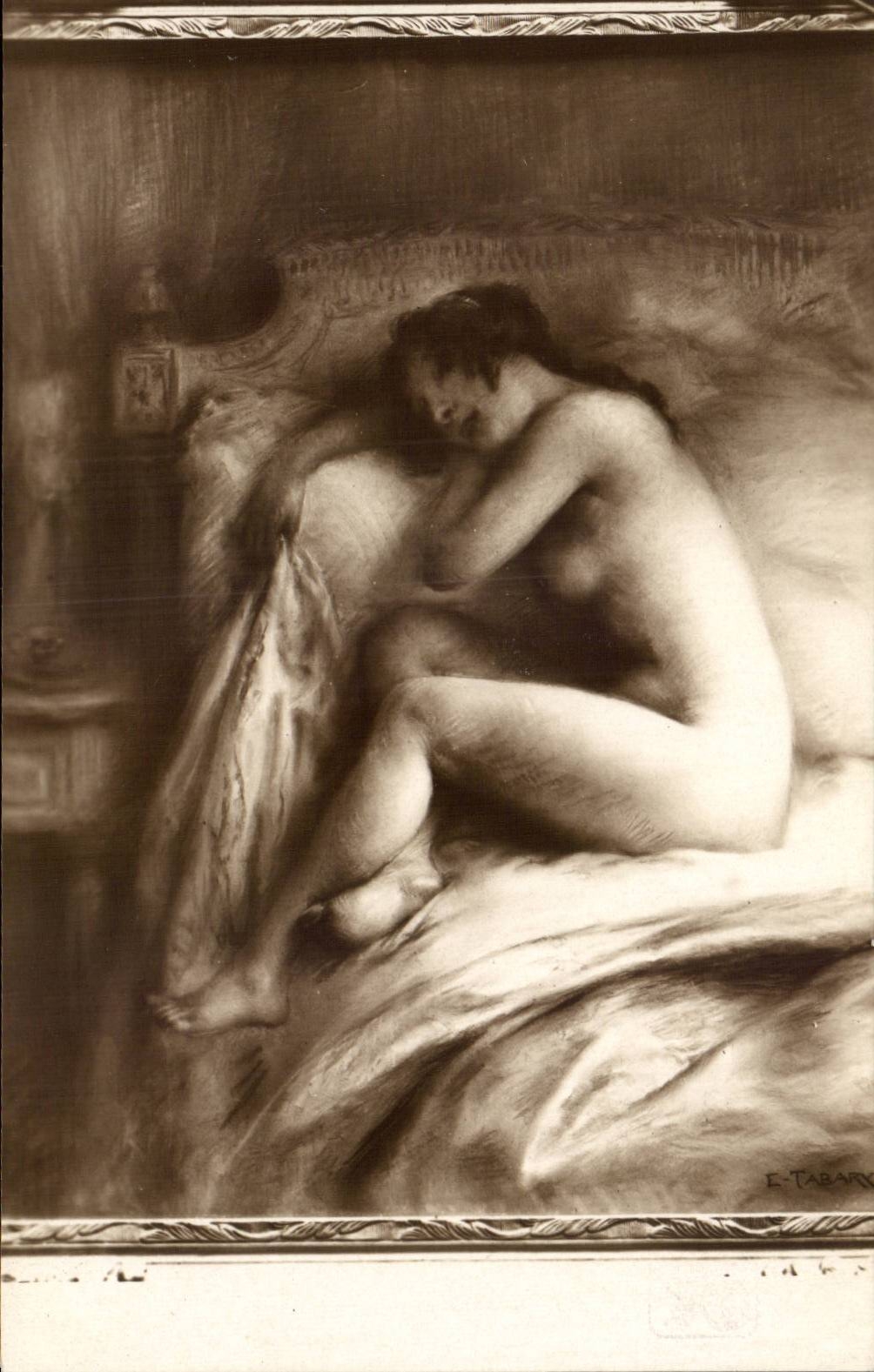Naked woman sitting on a bed — work by E. Tabary — published by E. Tabary & Cie, Paris