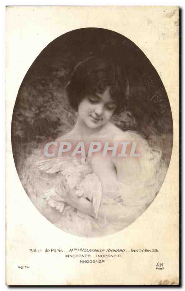 CPA Fantaisie Salon de Paris Mlle Hortense Richard Innocence Colombe