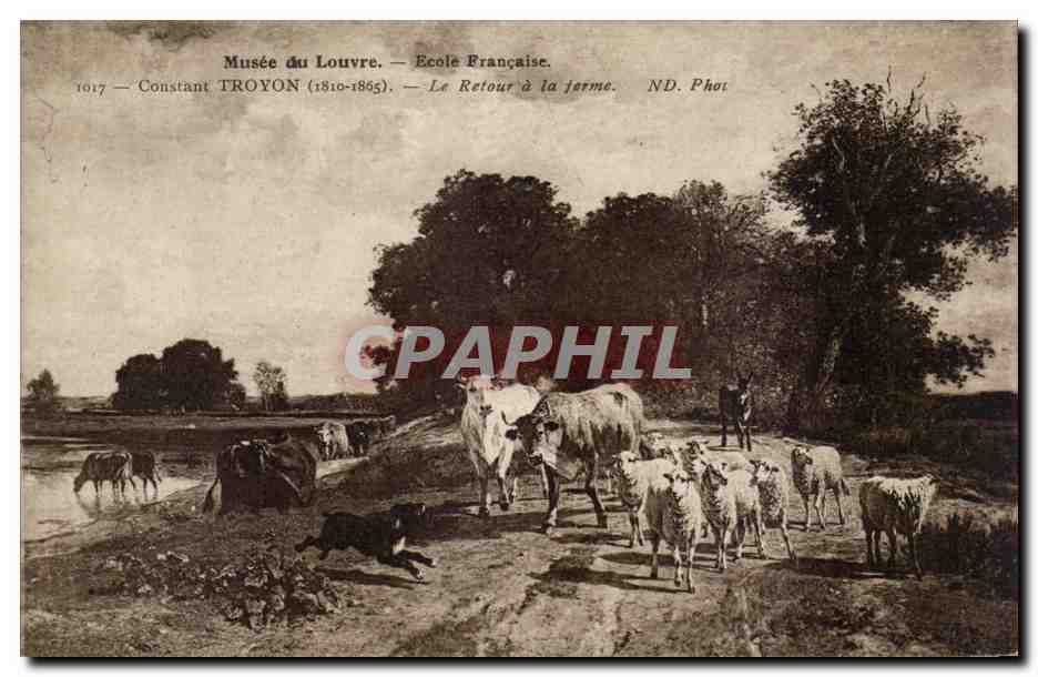 CPA Fantaisie Musee du Louvre Constant Troyon 1810 1865 le retour de la ferme Vaches moutons Ane donkey Mule
