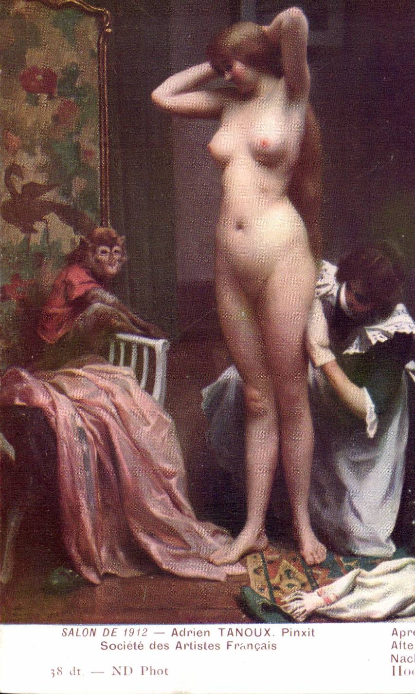 CPA Fantaisie Salon 1912 Adrien Tanoux Apres la bain FEmme neu erotique Singe monkey
