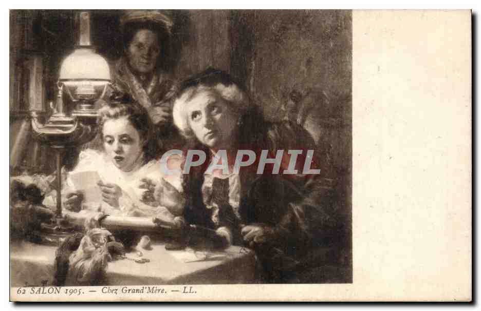 CPA Fantaisie Salon de 1905 Chez grand mere