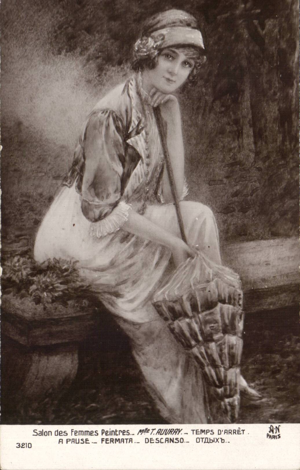 Femme assise en pause — Salon des Femmes Peintres — Mlle T. AURAY — éditeur AN, n° 3210