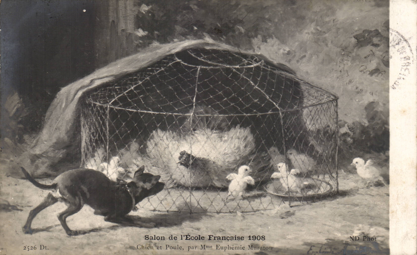 CPA Fantaisie Salon de l'ecole francaise 1908 Chien et poule Euphremie Muratoir