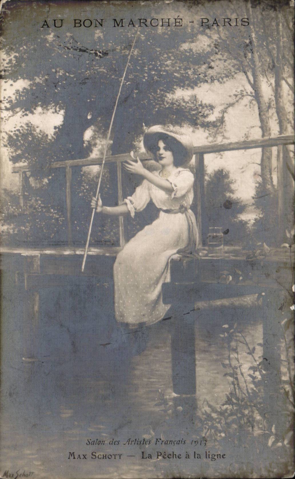 CPA Fantaisie Salon de Paris 1913 Max Schott La peche a la ligne Femme