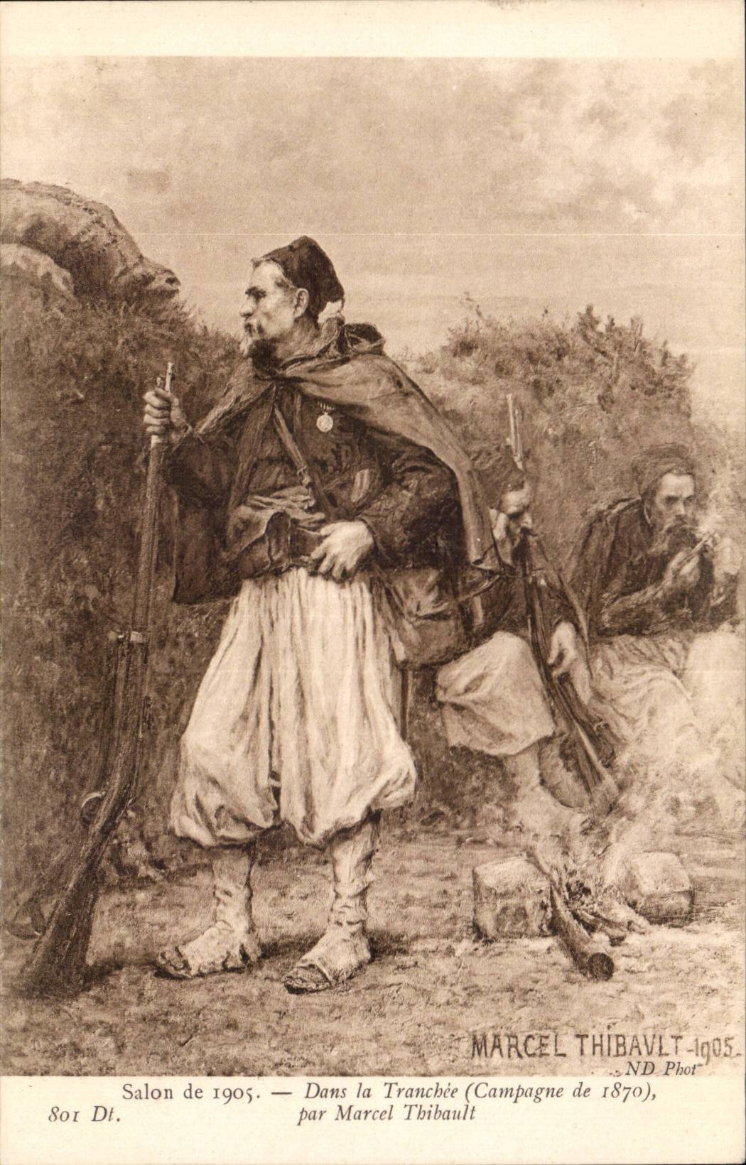 CPA Fantaisie Salon de 1905 Dans la tranchee Militaria Campagne de 1870 par Marcel Thibault