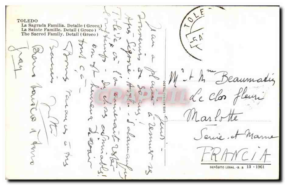 CPA Fantaisie Toledo La Sagrada familia Detalle — Verso