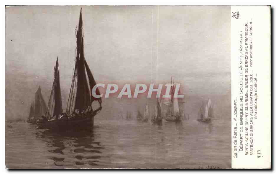 CPA Fantaisie Salon de Paris Jobert DEpart de barques au soleil levant La rochelle