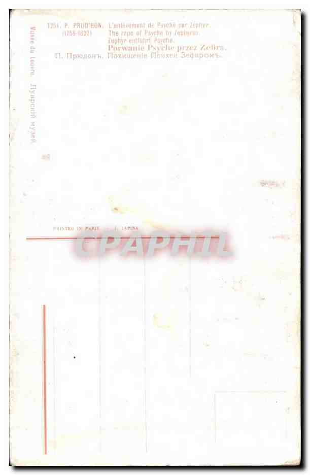 CPA Fantaisie Prud'hon L'enlevement de Psyche par Zephyr — Verso