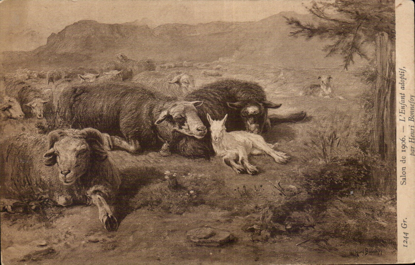 CPA Fantaisie Salon de 1906 L'enfant adoptif par Henri Bonnefoy Mouton Sheep Chevre Goat