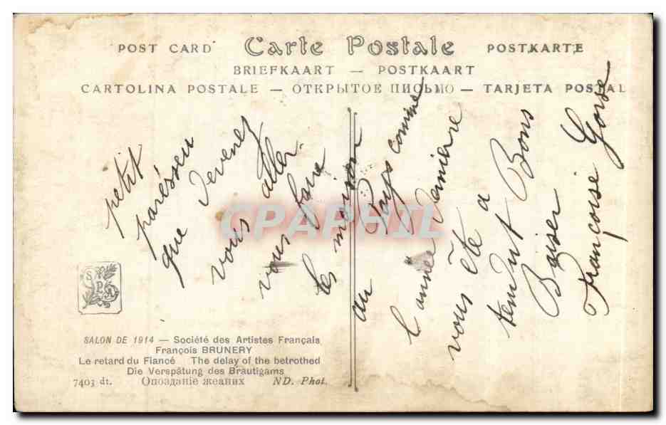 CPA Fantaisie Salon 1914 Brunery Le retard du fiance — Back