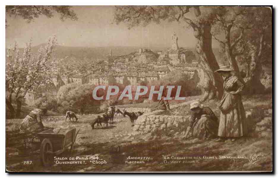 CPA Fantaisie Salon 1914 Amoretti La cueillette des olives Chevre Goat