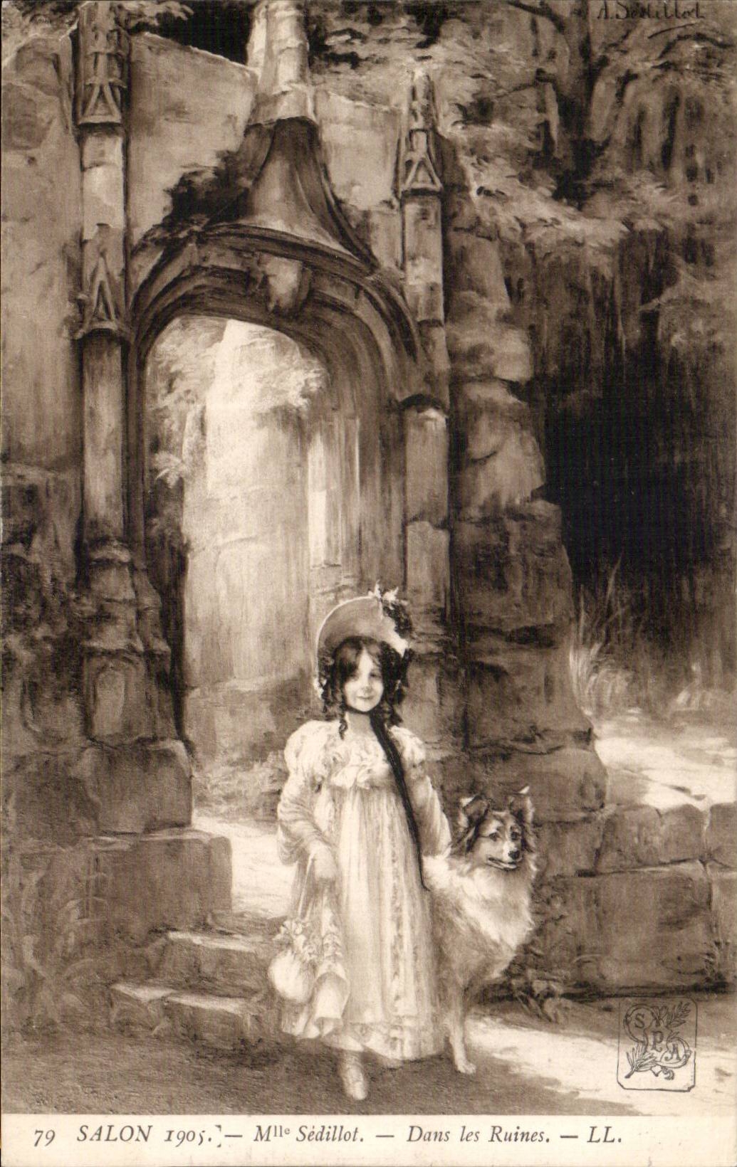 CPA Fantaisie Salon de 1905 Mlle Sedillot Dans les ruines Chien dog
