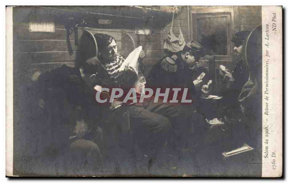 CPA Fantaisie Salon de 1908 Retour de permissionnaires par Larteau Militaria 