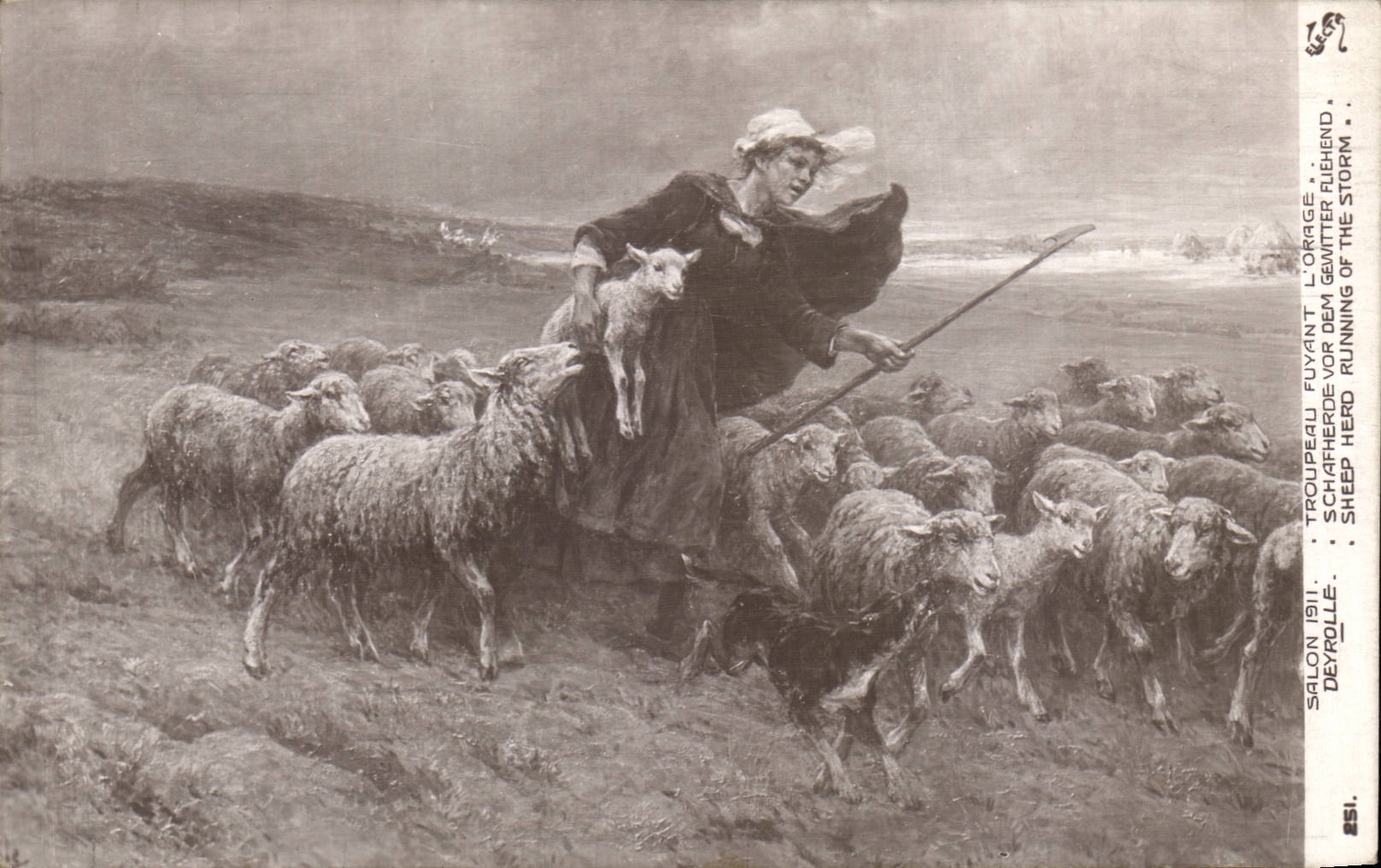 CPA Fantaisie Salon 1911 Deyrolle Troupeau fuyant l'orage Moutons Sheep