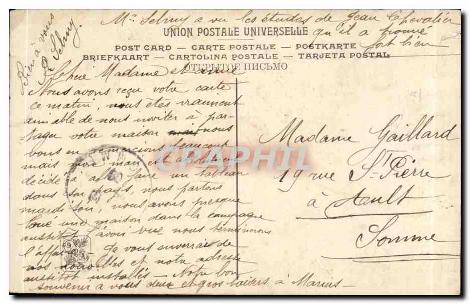 CPA Fantaisie Salon 1908 Selmy L'echeveau jaune — Verso
