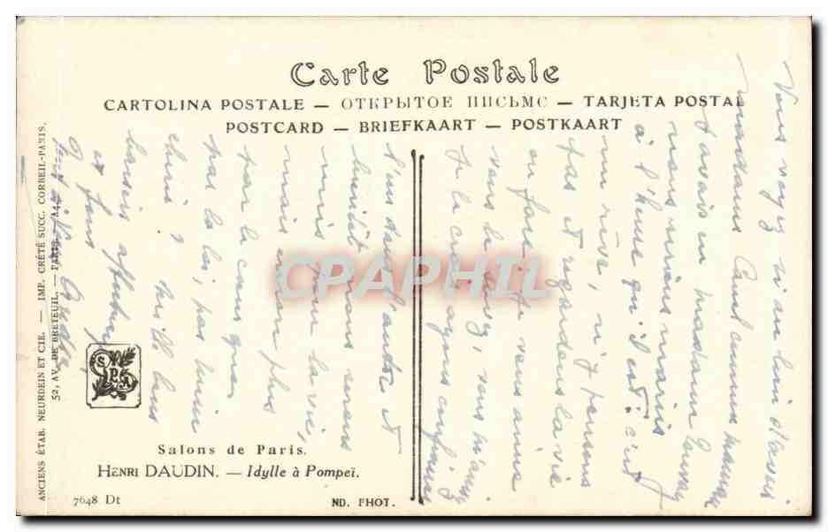 CPA Fantaisie Salon de Paris Daudin Idylle a pompei italie Italia Femme — Verso