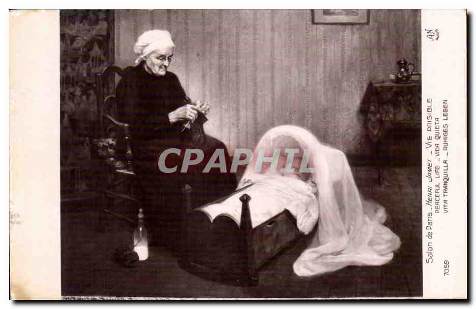 CPA Fantaisie Salon de Paris Henri Jamet Vie paisible Vieille femme Landeau Enfant