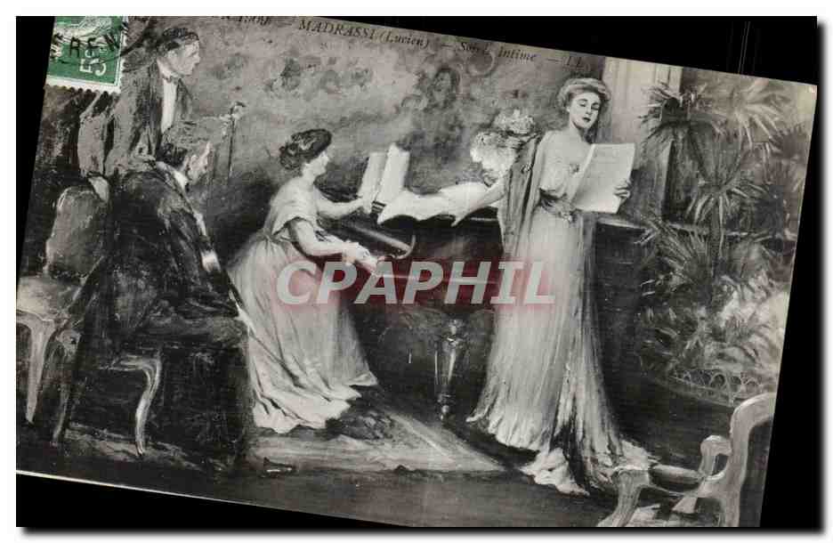 CPA Fantaisie Salon 1909 Madrassi Soire intime Piano
