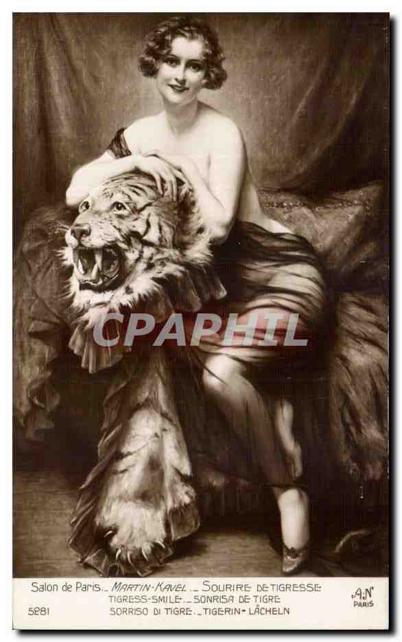 CPA Fantaisie Salon de Paris Martin Kavel Sourire de tigresse Tigre Nu erotique