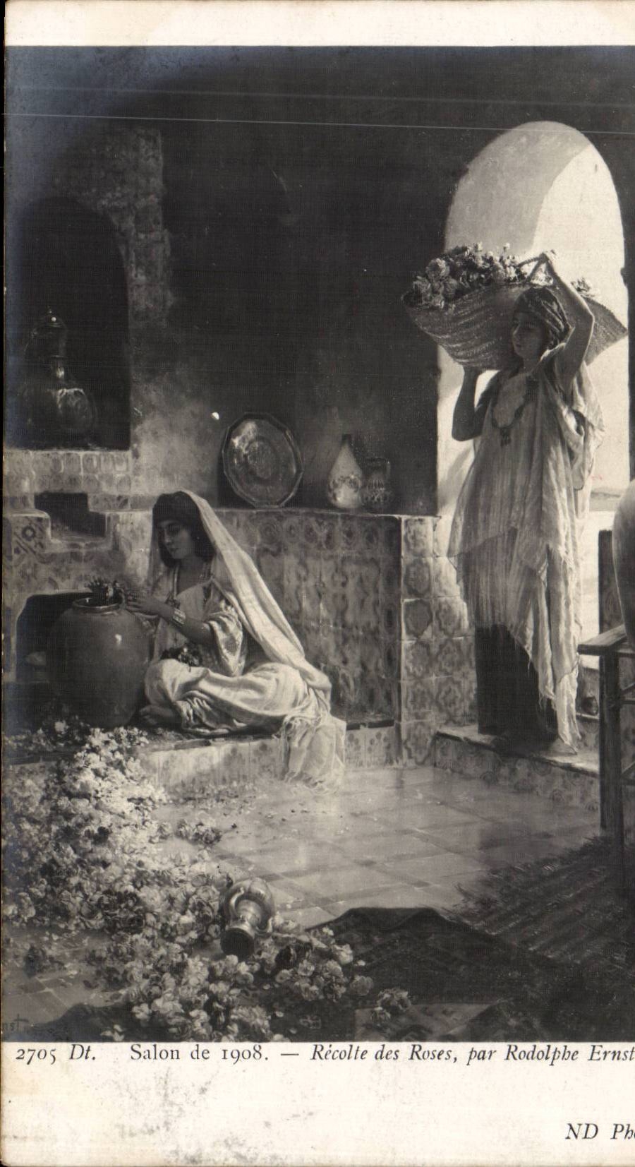 CPA Fantaisie Salon de 1908 REcolte des roses par Rodolphe Ernst