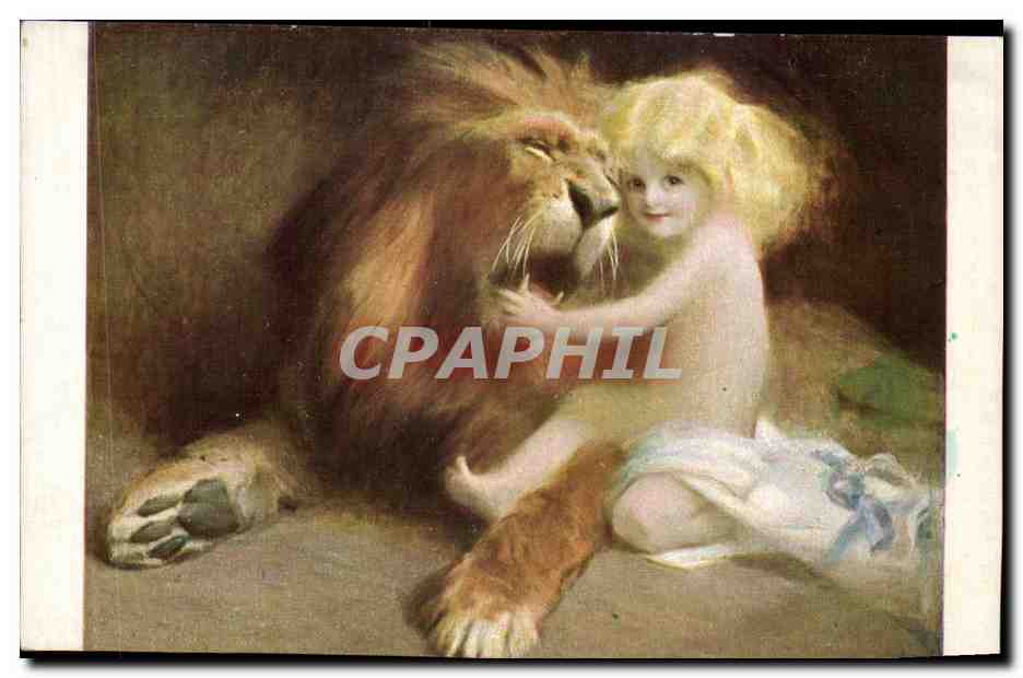 CPA Fantaisie Tade Styka La bonte chose invincible Lion Enfant 