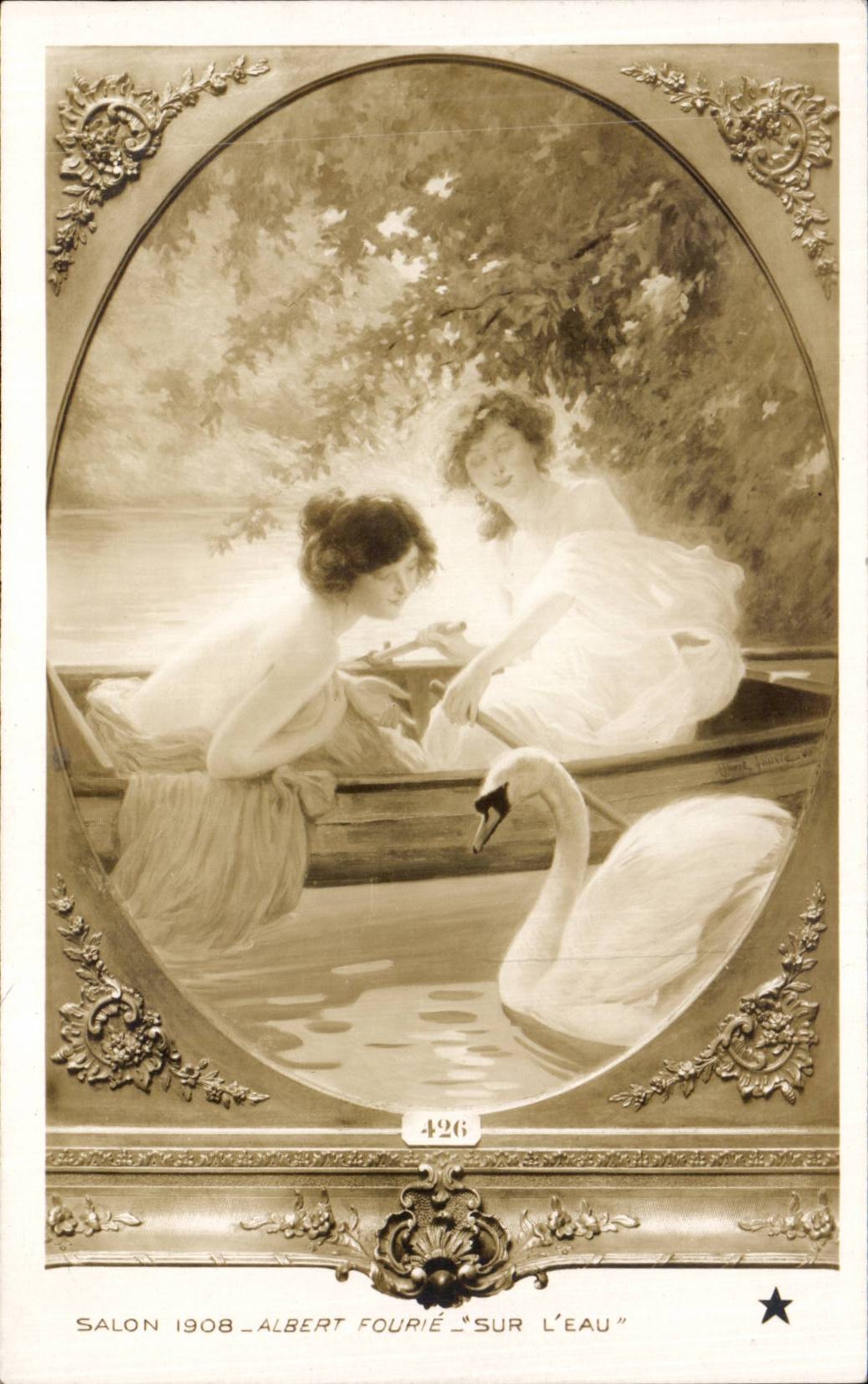 CPA Fantaisie Salon 1908 Albert Fourie Sur l'eau Swan Cygne 