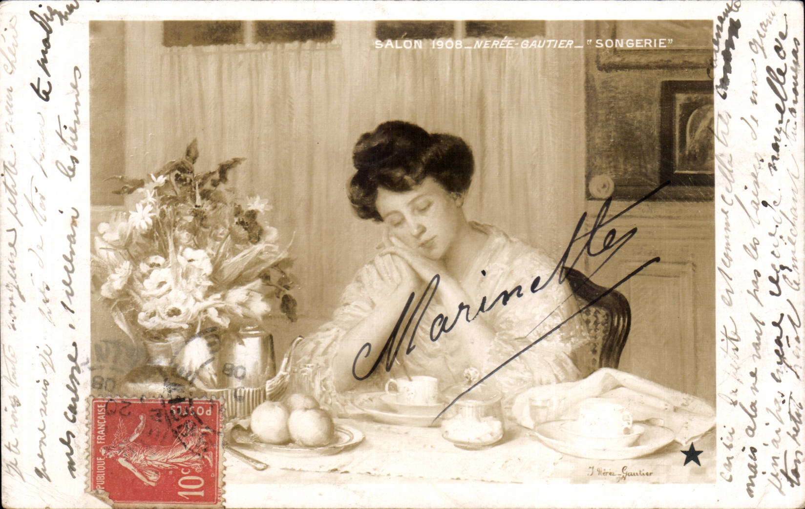 CPA Fantaisie Salon 1908 Neree Gautier Songerie Femme