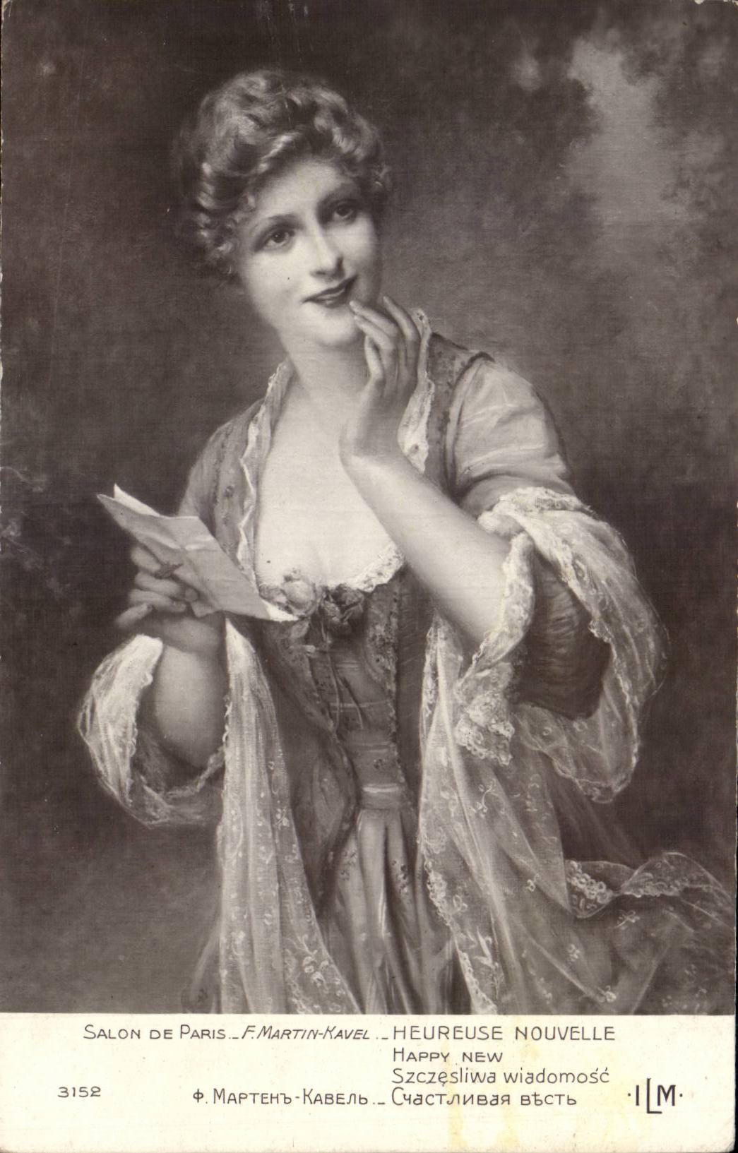 Femme en robe à dentelle tenant une lettre — Salon de Paris — F. Martin-Kavel — n° 3152