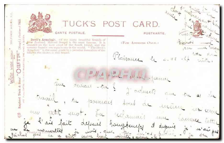 Mileford Sound, NZ — Le Diable Armchair — Tuck's Post Card — Verso
