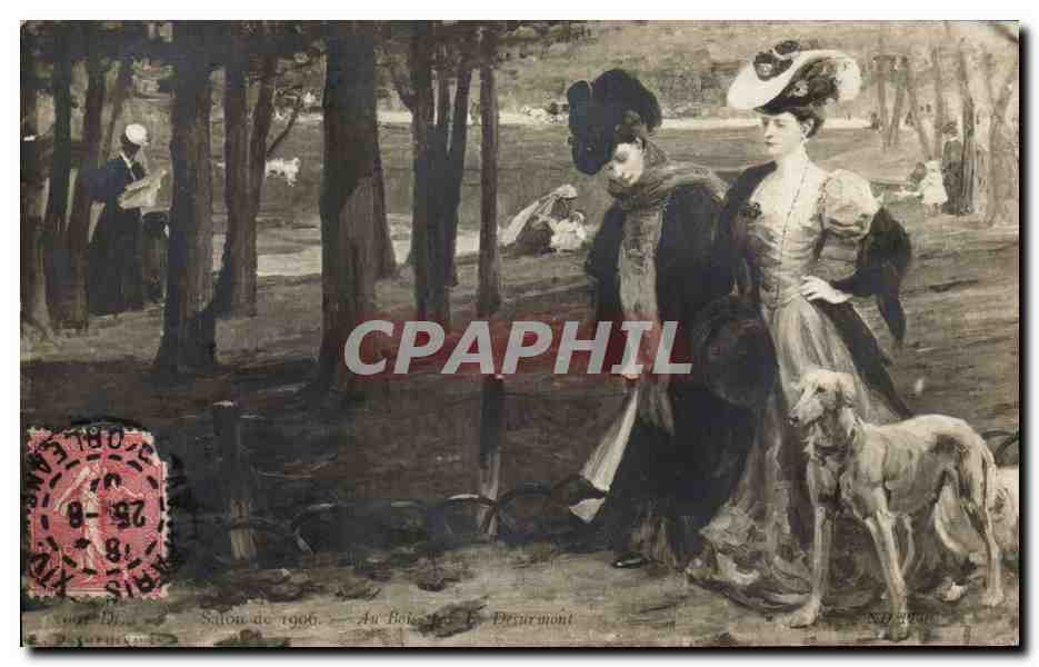 CPA Fantaisie Salon de 1906 Au bois par Desurmont Chien
