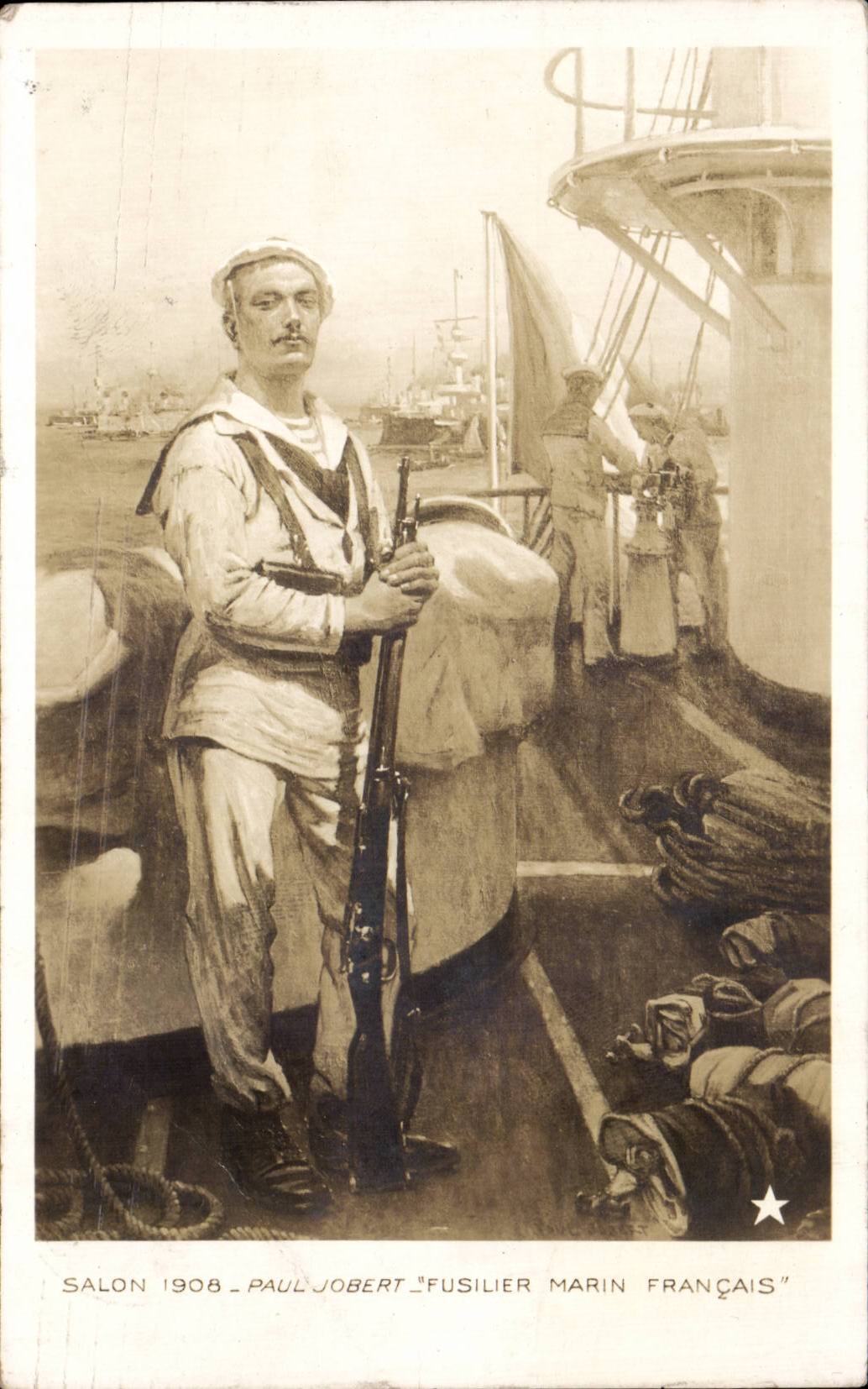 CPA Fantaisie Paris Salon 1908 Paul Jobert Fusiller marin francais Militaria 