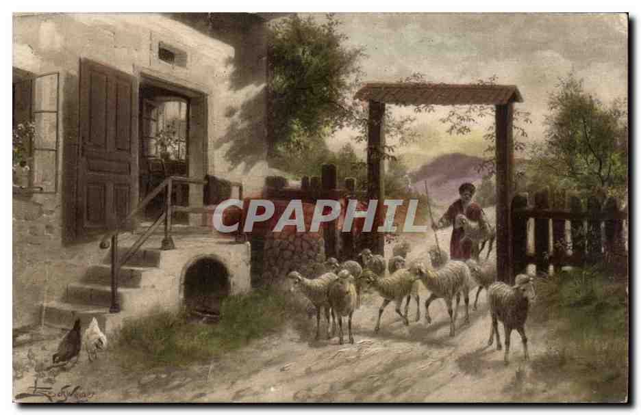 CPA Fantaisie Femme Bergere et ses moutons