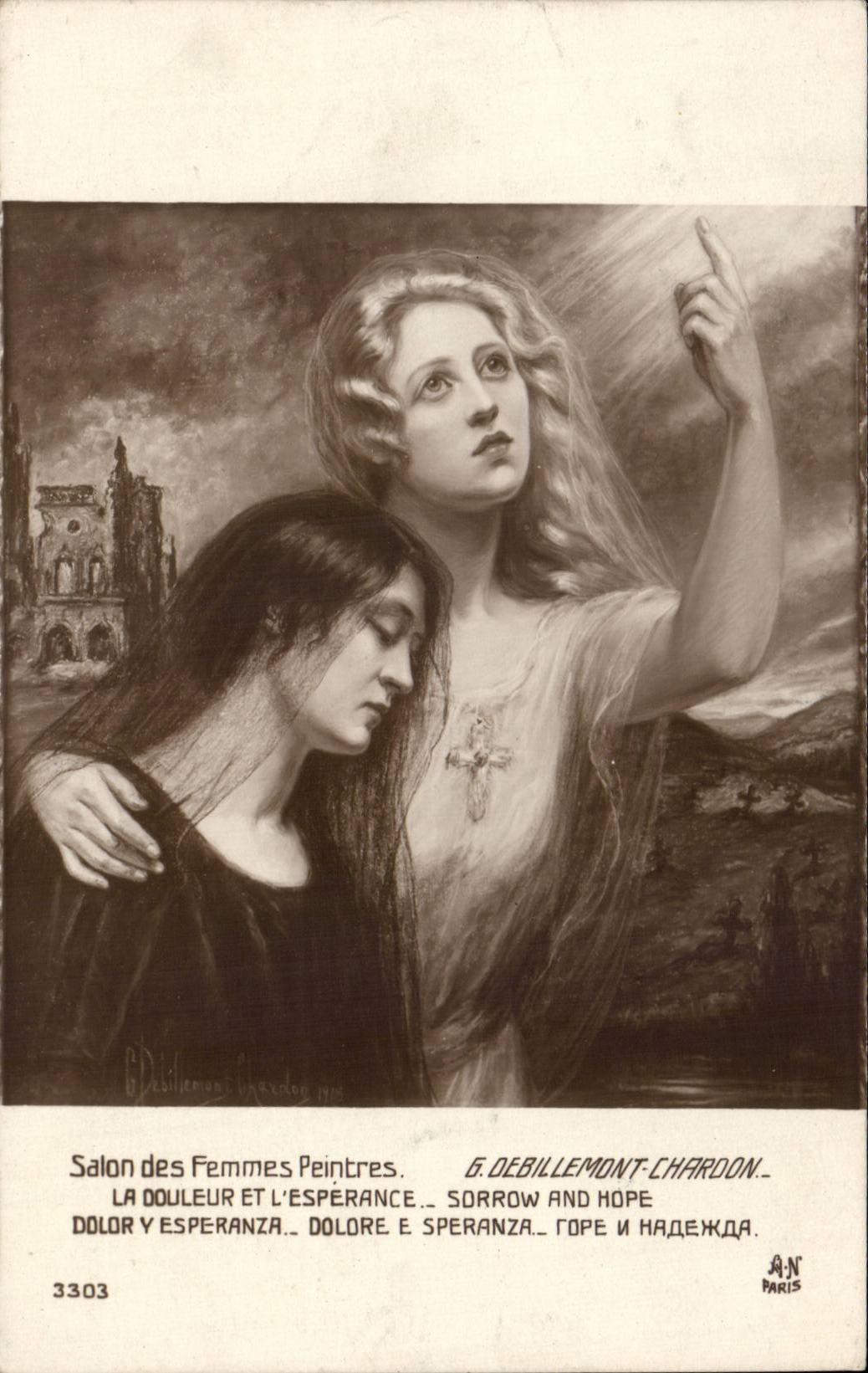 CPA Fantaisie Salon des femmes peintres Debillemont Chardon La douleur et l'esperance