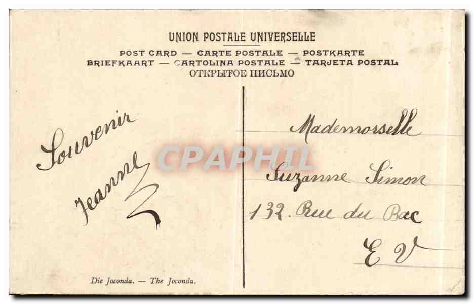 CPA Fantaisie Leonard de Vinci La Joconde — Rückseite