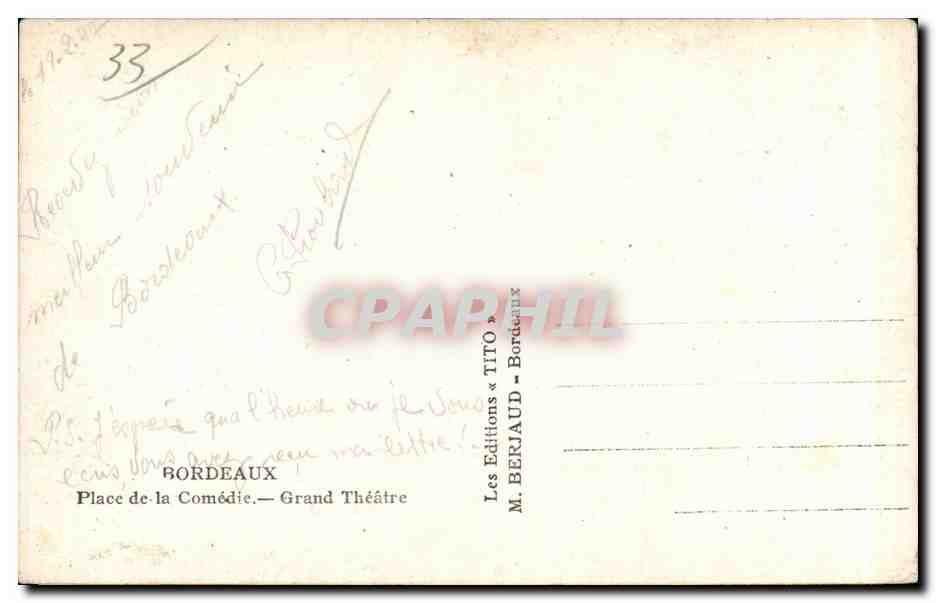 CPA Bordeaux Place de la Comedie Grand theatre — Verso
