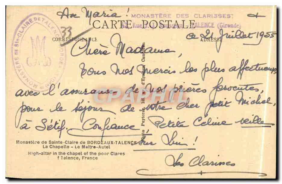 Bordeaux - Monastere de Sainte Claire - La Chapelle - CPA  — Verso