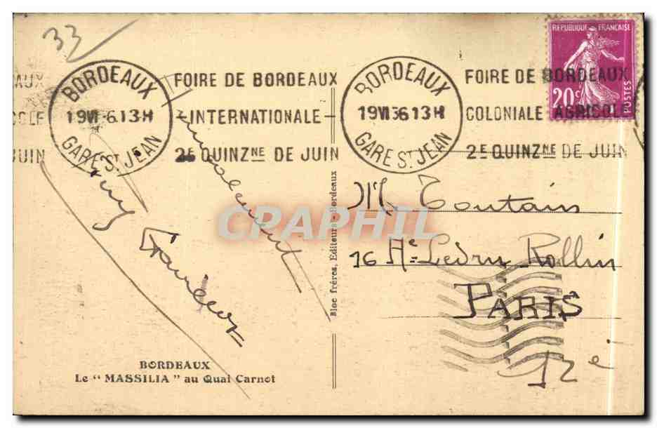 Bordeaux - Le Massilia au Quai Carnot - paquebot - steamer - CPA  — Verso