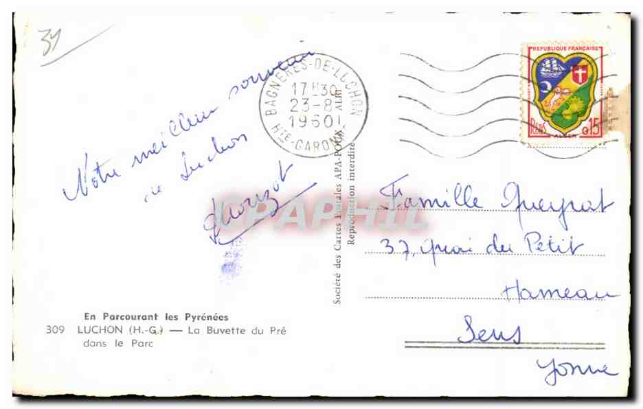 La Buvette du Pré — Luchon (H.-G.) — Société des Cartes Postales APA-POUX — Reverso