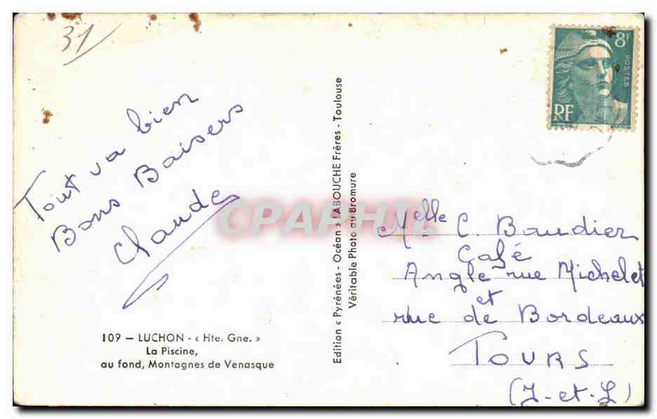 Luchon — La Piscine, au fond, Montagnes de Venasque — Édition « Océan » LABOUCHE Frères Toulouse — Rückseite