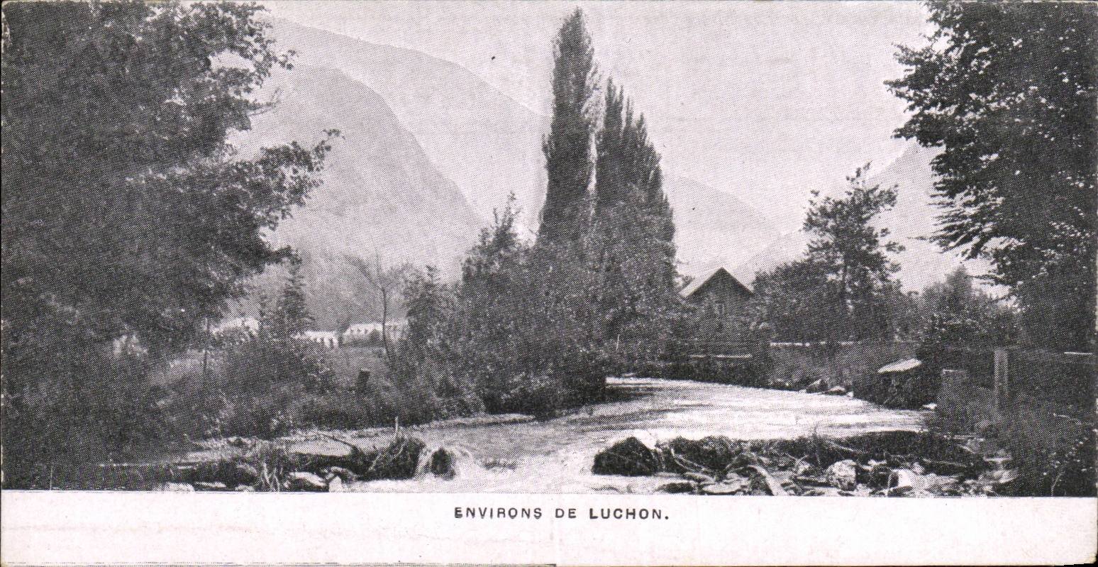 Environs de Luchon — vue de la rivière et du paysage montagneux — éditeur non visible