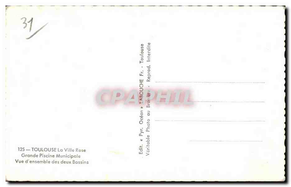 Toulouse - La Ville Rose - Grande Piscine Municipale - Swimming Pool - CPA  — Verso