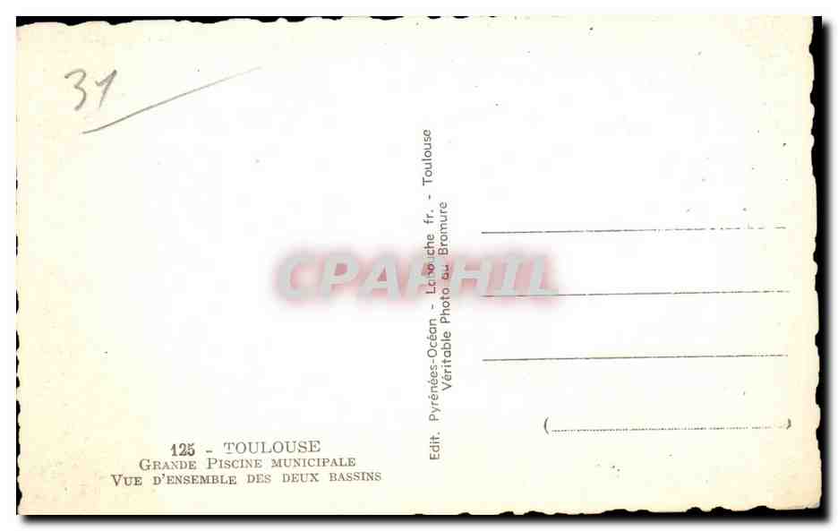Toulouse - Grande Piscine Municipale - Swimming Pool - CPA  — Verso