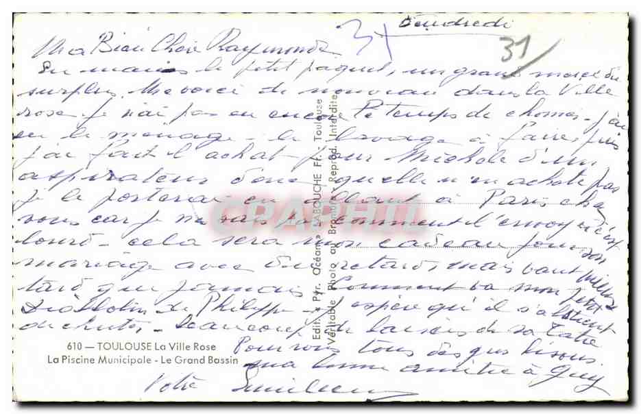 Toulouse - La Ville Rose - La Piscine Municipale - CPA  — Verso