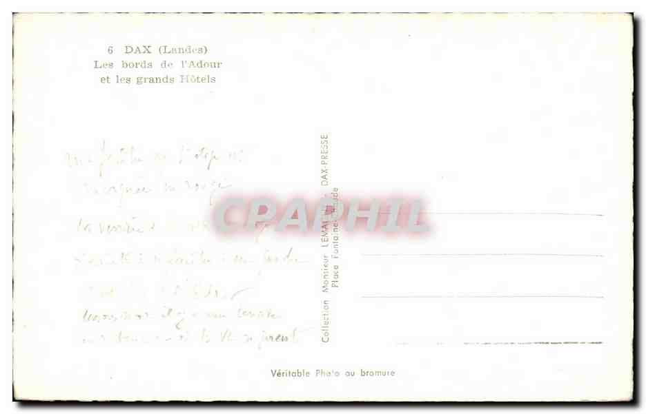 Dax (Landes) — Les bords de l'Adour et les grands Hôtels — Éditeur DAX PRESSE — Verso
