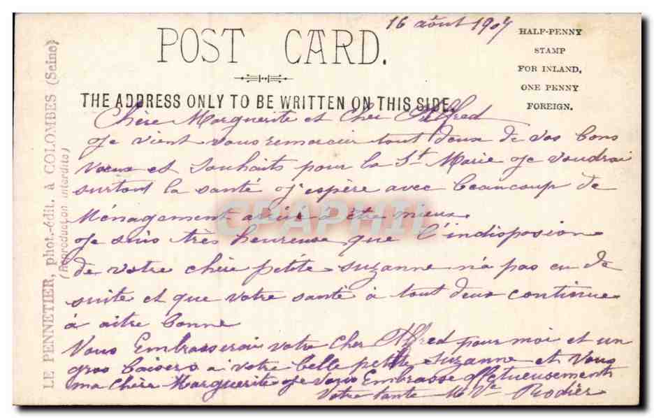 CARTE PHOTO Femme Colombe — Verso