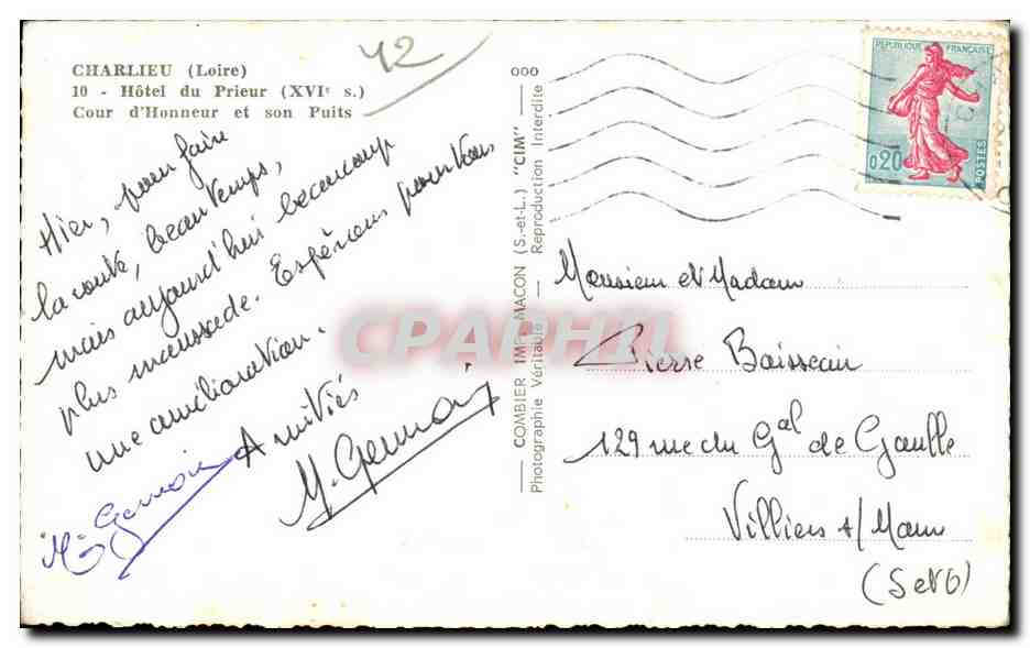 Charlieu - Hotel du Prieur - CPA  — Rückseite