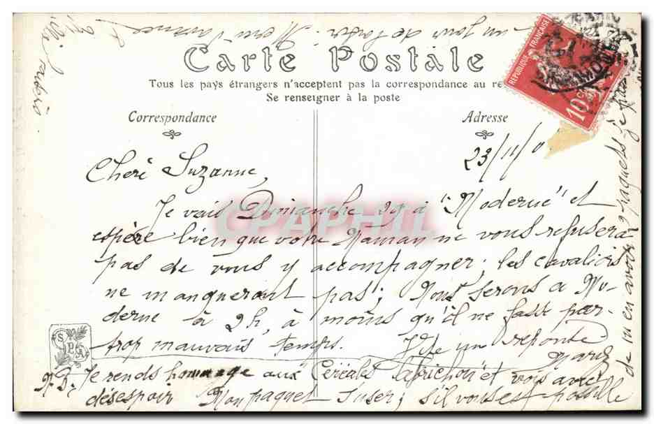 CPA Fantaisie Salon de 1908 Le toast du marie Brunery — Verso