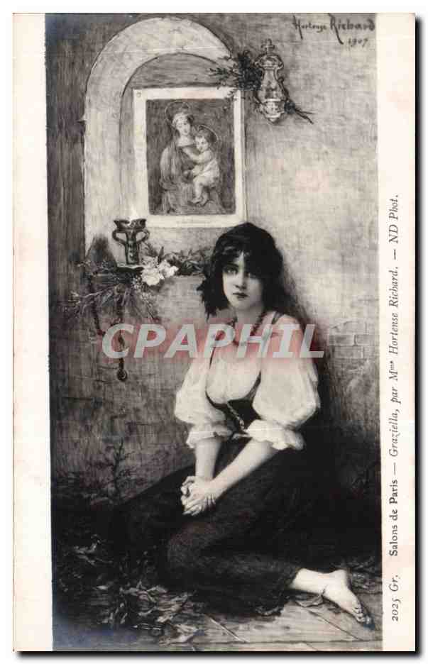 Jeune femme assise — intérieur avec tableau de la Vierge — par Horlene Richard, 1907