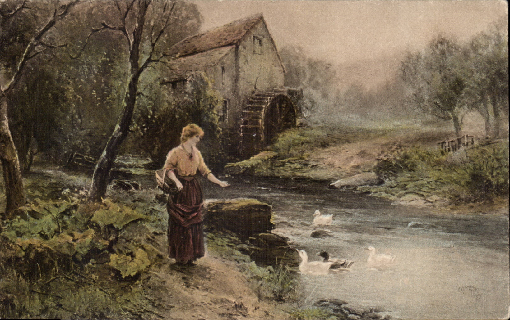 CPA Fantaisie Femme Canards et moulin 